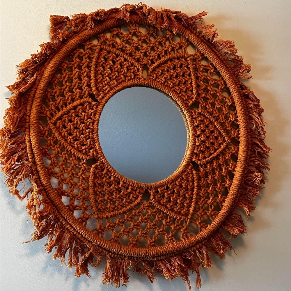 Vintage Boho Macrame Wall Mirror Round Woven Fringe Mirror 21"
